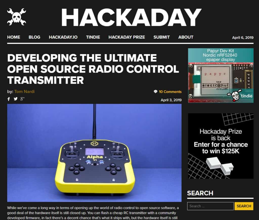 Alpha V1 featured on Hackaday (Screenshot)